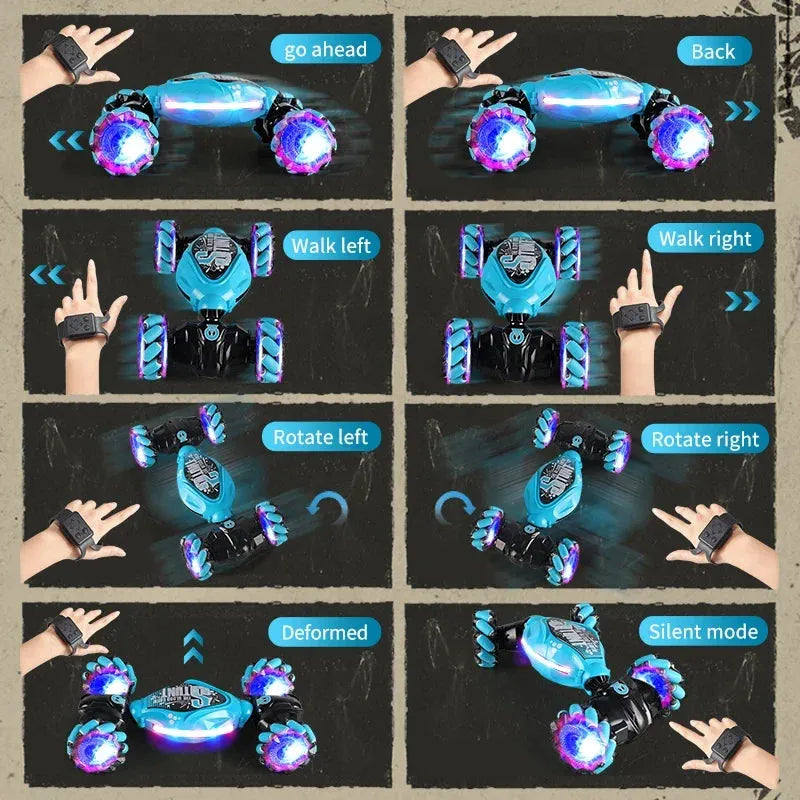 RC Stuntbil med fjärrkontroll i blå färg visar funktioner som 360° rotation, deformation och tyst läge. Köp RC stuntbil med fri frakt idag!