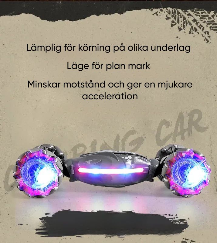 RC Stuntbil med fjärrkontroll visas med futuristisk handkontroll och racerbilar på bana. Köp RC Stuntbil med fri frakt idag!