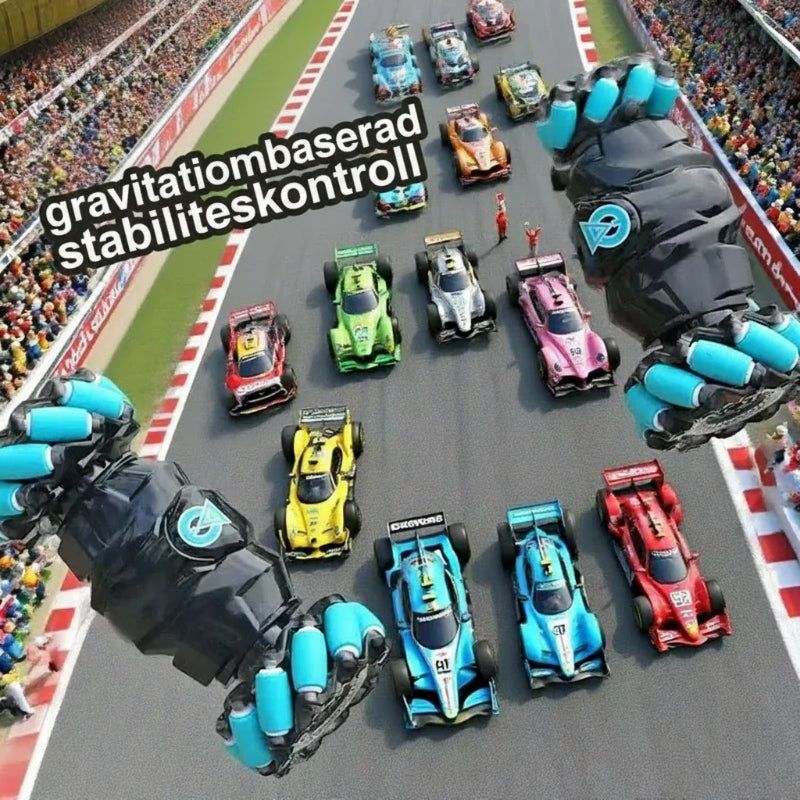 RC Stuntbil med fjärrkontroll visas med futuristisk handkontroll och racerbilar på bana. Köp RC Stuntbil med fri frakt idag!