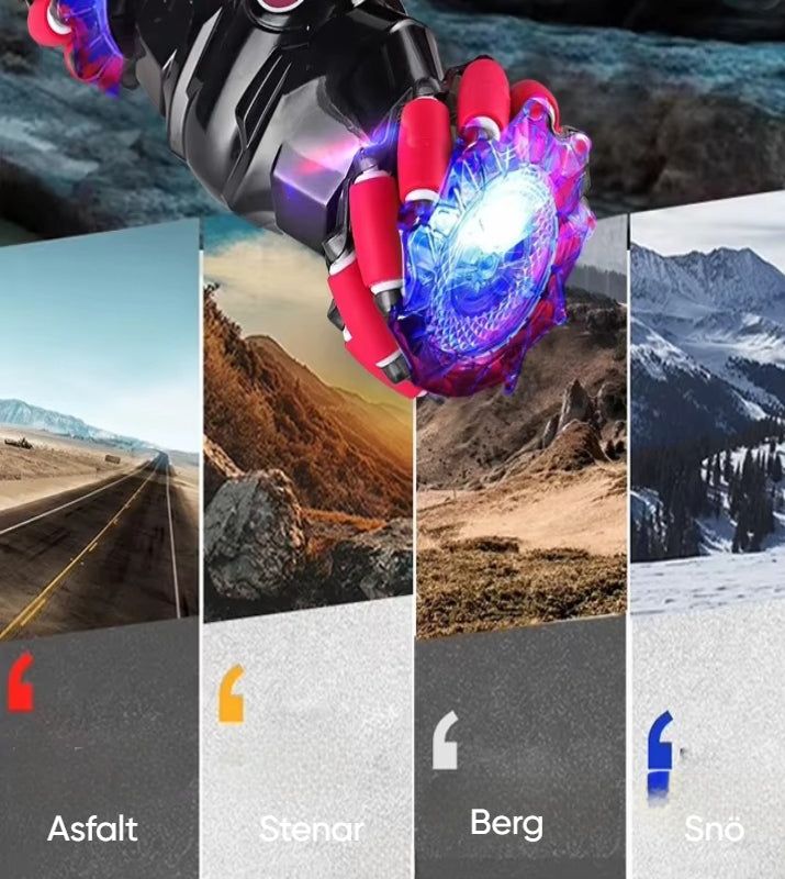RC Stuntbil med fjärrkontroll visas med futuristisk handkontroll och racerbilar på bana. Köp RC Stuntbil med fri frakt idag!